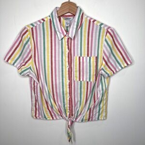 Arizona Jean Co Button Up Rainbow Striped Shirt Small Tie Front Linen Blend Crop